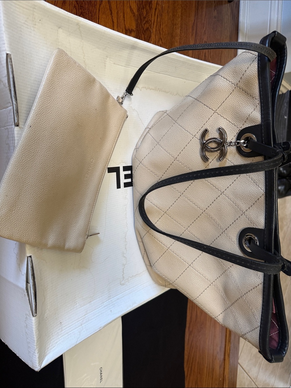 CHANEL Beige Quilted Tote with Black Trim and Double Straps - Picture 11 of 11